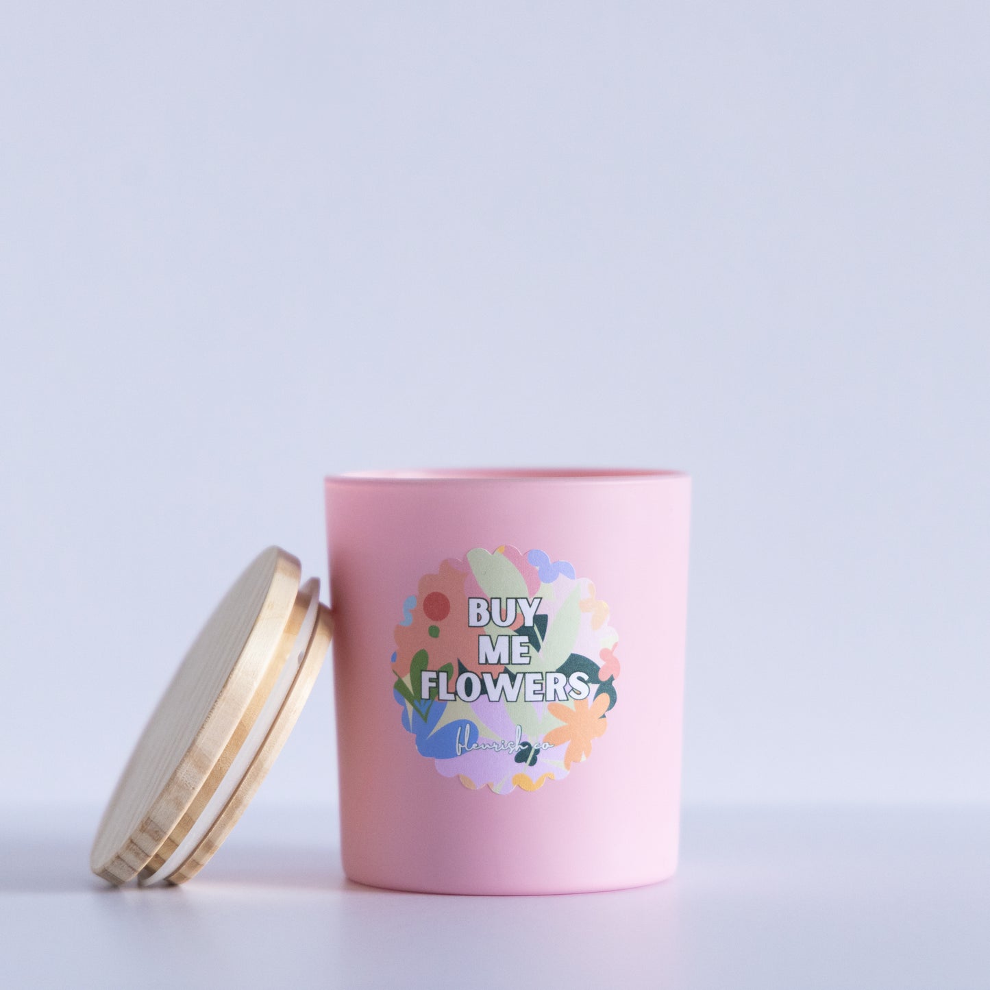 Buy Me Flowers | Powder Pink | 8 oz Glass with Bamboo Lid Single Wick Artisan Candle