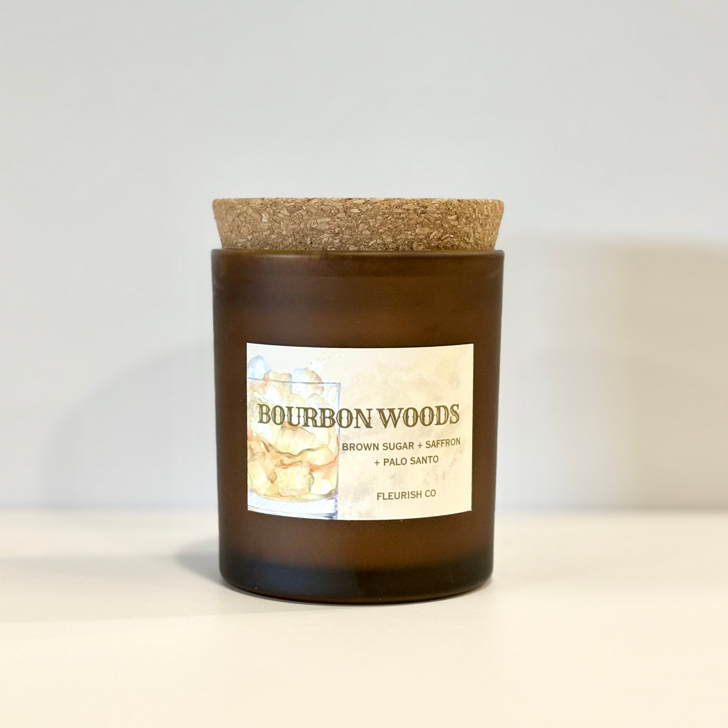 Bourbon Woods | Brown Glass + Cork Lid| 9 oz Single Wick Artisan Candle