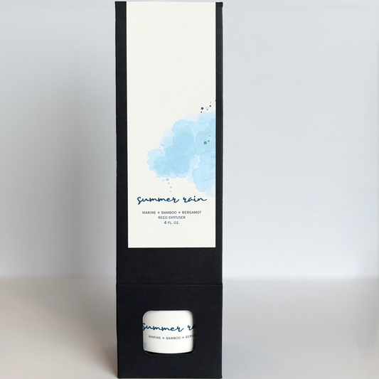 Candle packaging with 'Summer Rain' label on a white background