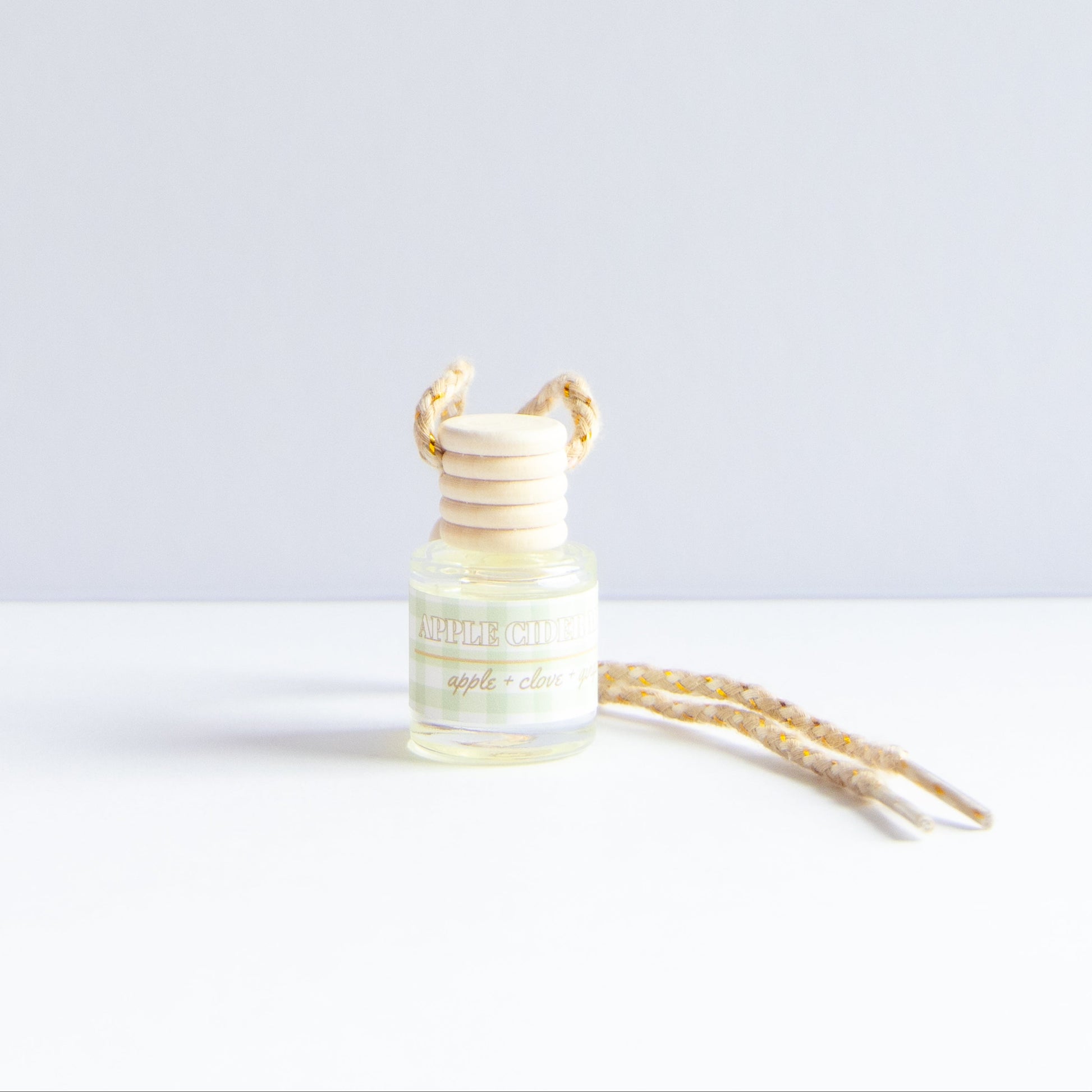 A small glass diffuser bottle with a light wood reed stopper and a beige patterned cord, labeled 'apple & citrus', on a clean white surface against a light gray background.