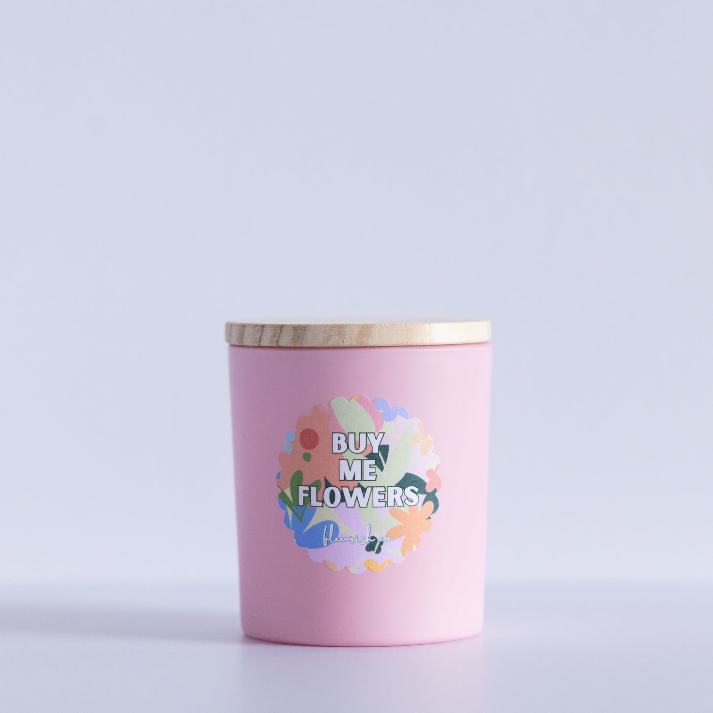 Buy Me Flowers | Powder Pink | 8 oz Glass with Bamboo Lid Single Wick Artisan Candle