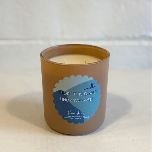 I hope this candle finds you well label on taupe candle jar