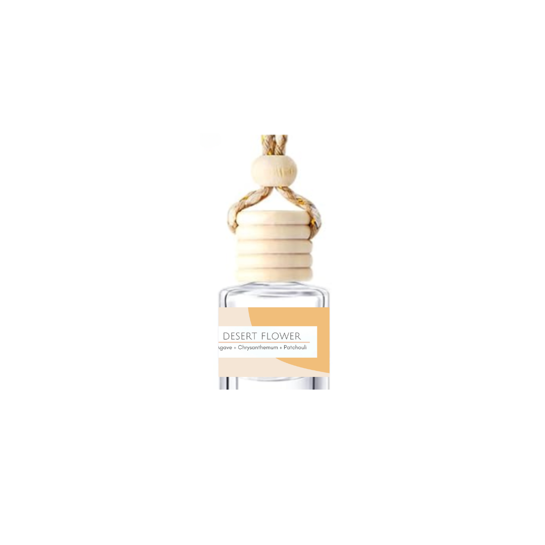Perfume bottle labeled 'Desert Flower' on a white background