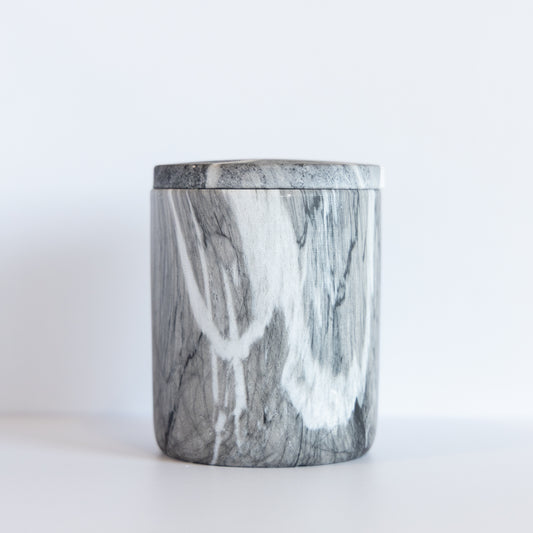 Sprig Stone | Grey Marbled | 14 oz Ceramic Jar With Lid Double Wick Artisan Candle