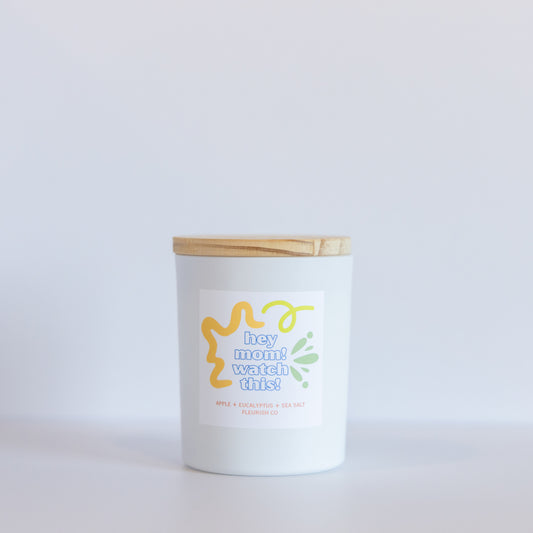 Hey Mom! Watch This! | White | 8 oz Glass with Bamboo Lid Single Wick Artisan Candle