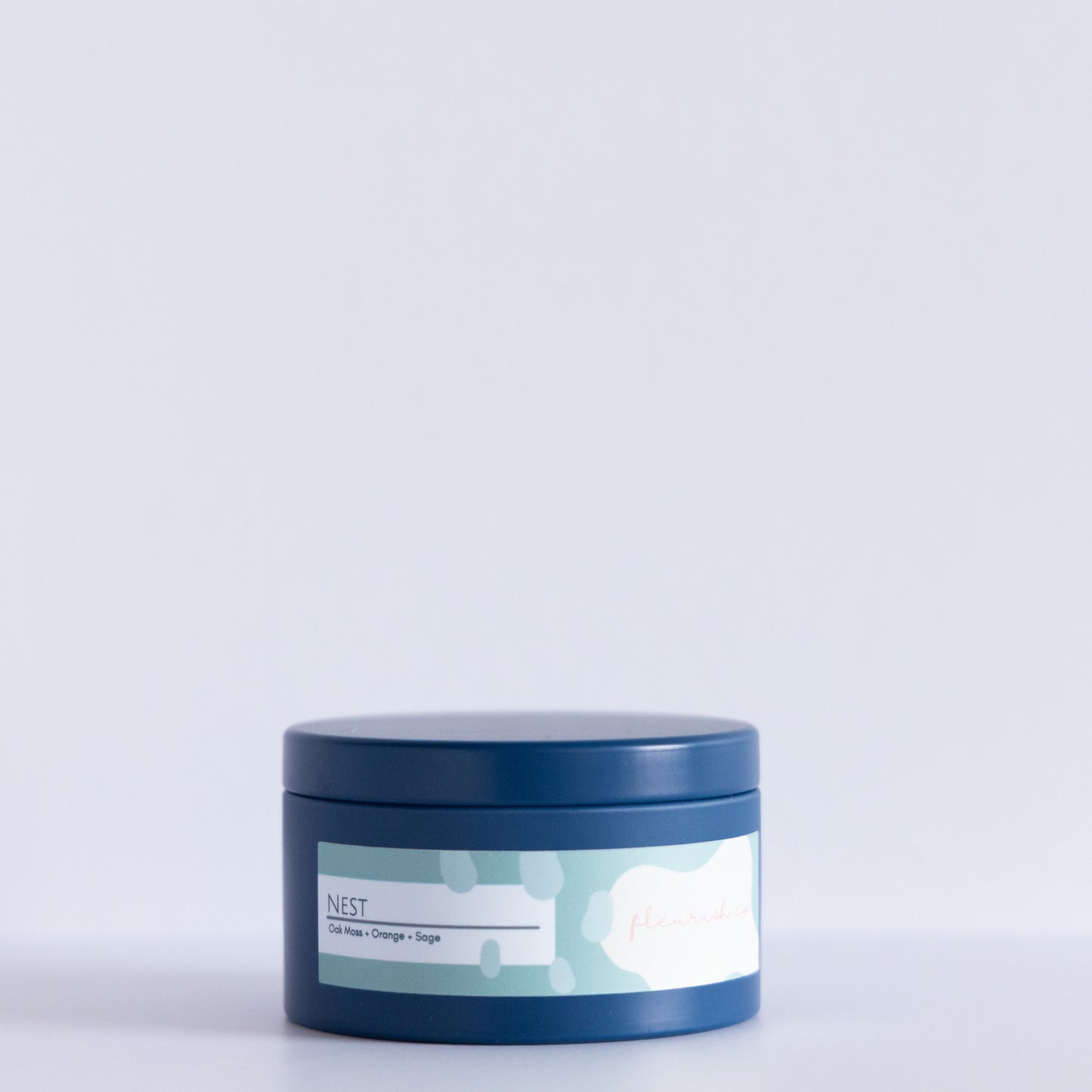 Blue container with a label on a light gray background