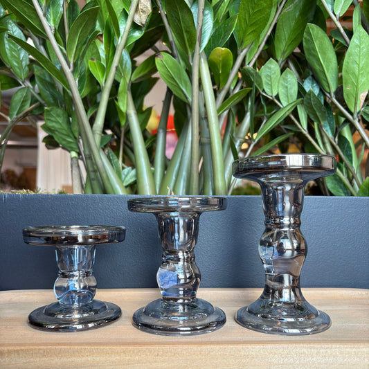 Gray Glass Column Candle Holder Trio