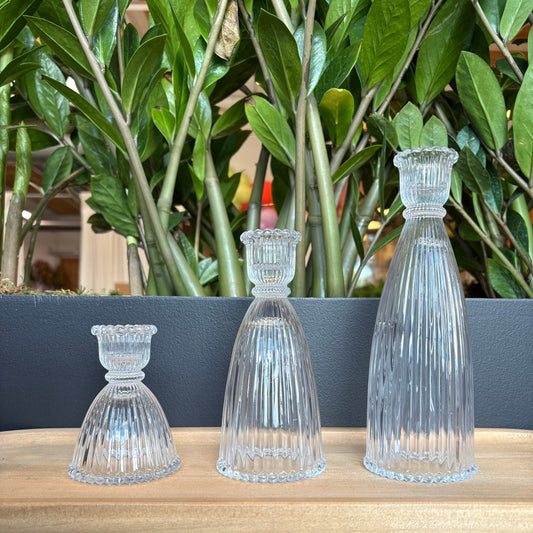 Clear Glass Fluted Taper Candle Holder Trio