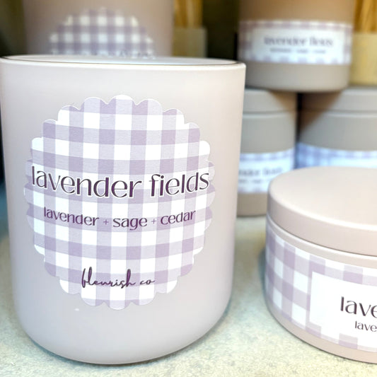 Candles with 'Lavender Fields' label on a neutral background