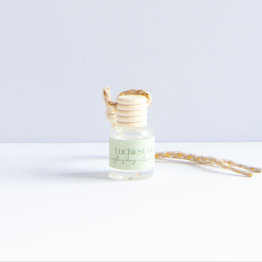 A small clear glass bottle with a pale green label reading 'Luckiest Day' and a cream-colored wooden diffuser stopper, with a gold-toned string attached, photographed on a clean white surface against a light gray background.
