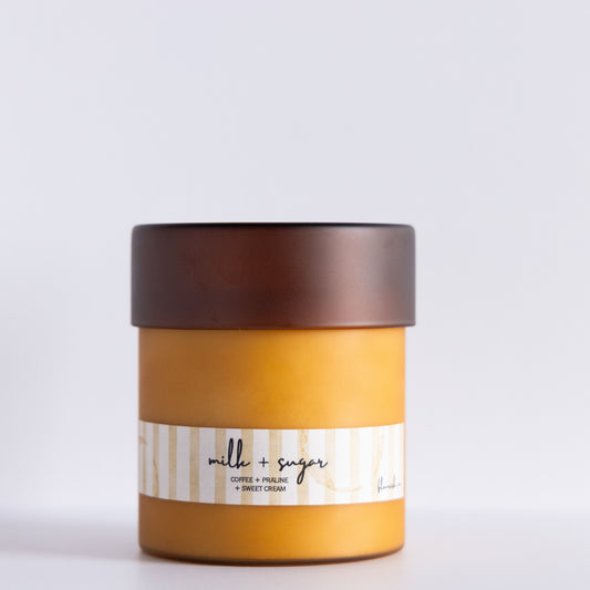 Milk + Sugar | Brown Duo | 18 oz Frosted Glass with Lid Double Wick Artisan Candle