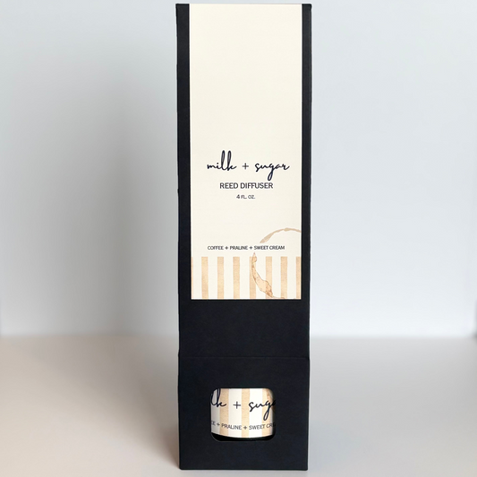 Reed diffuser packaging with a black and white design on a white background