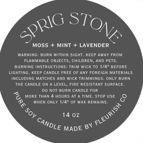 Label for a candle labeled 'Sprig Stone' with burn instructions and product details.