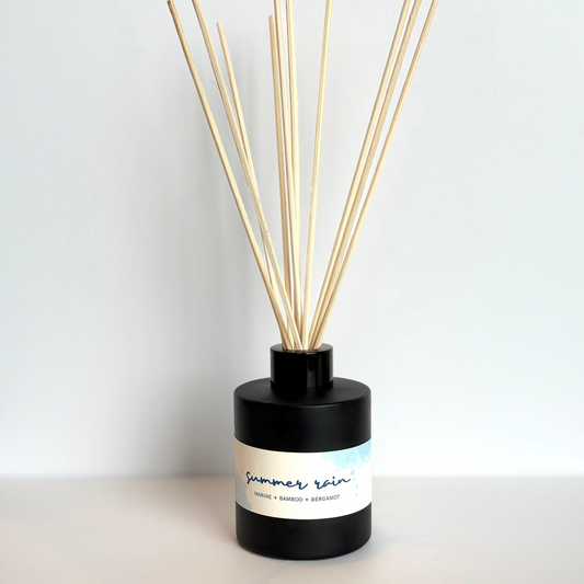 Black diffuser bottle with wooden sticks on a white background