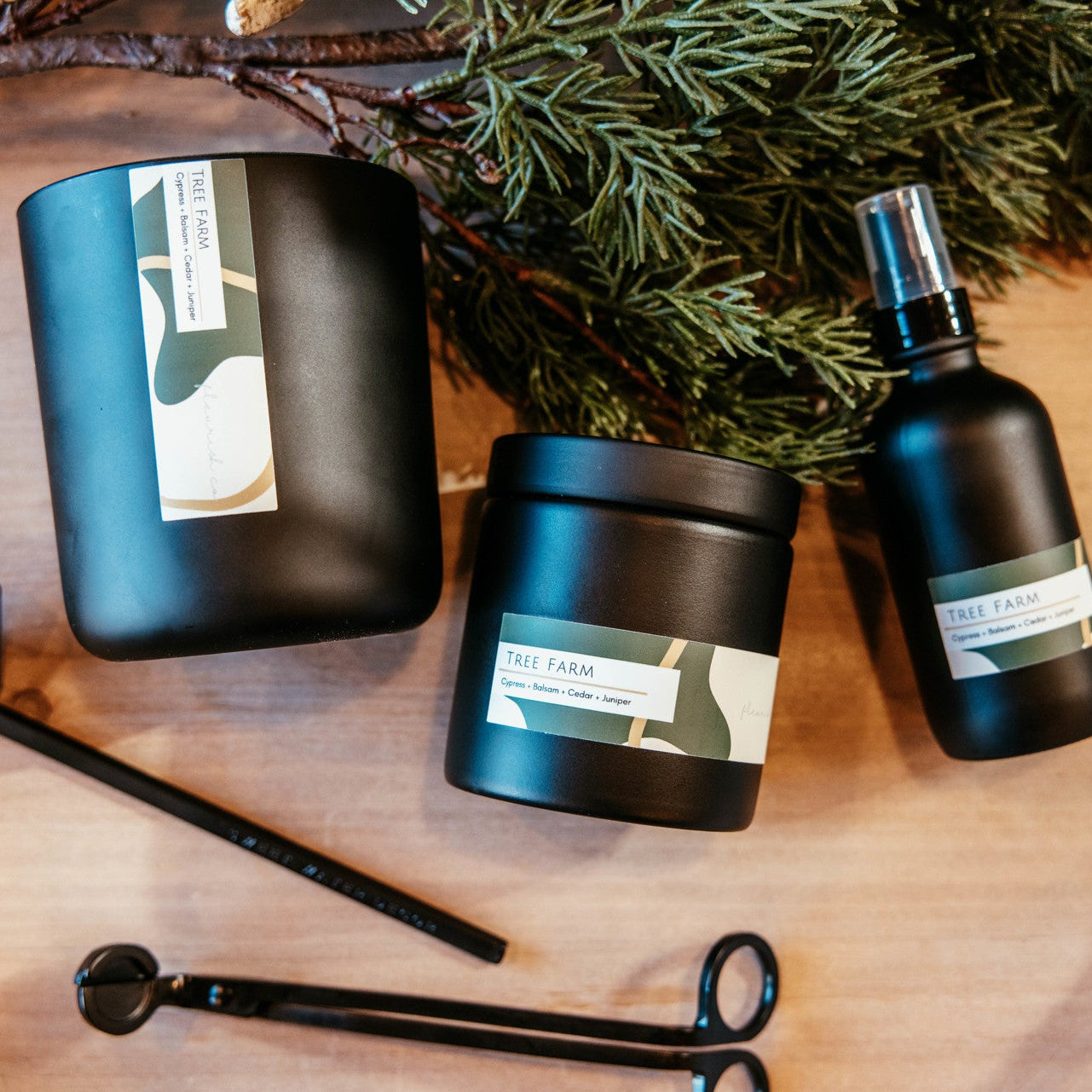 Three black containers with labels on a wooden surface with greenery.