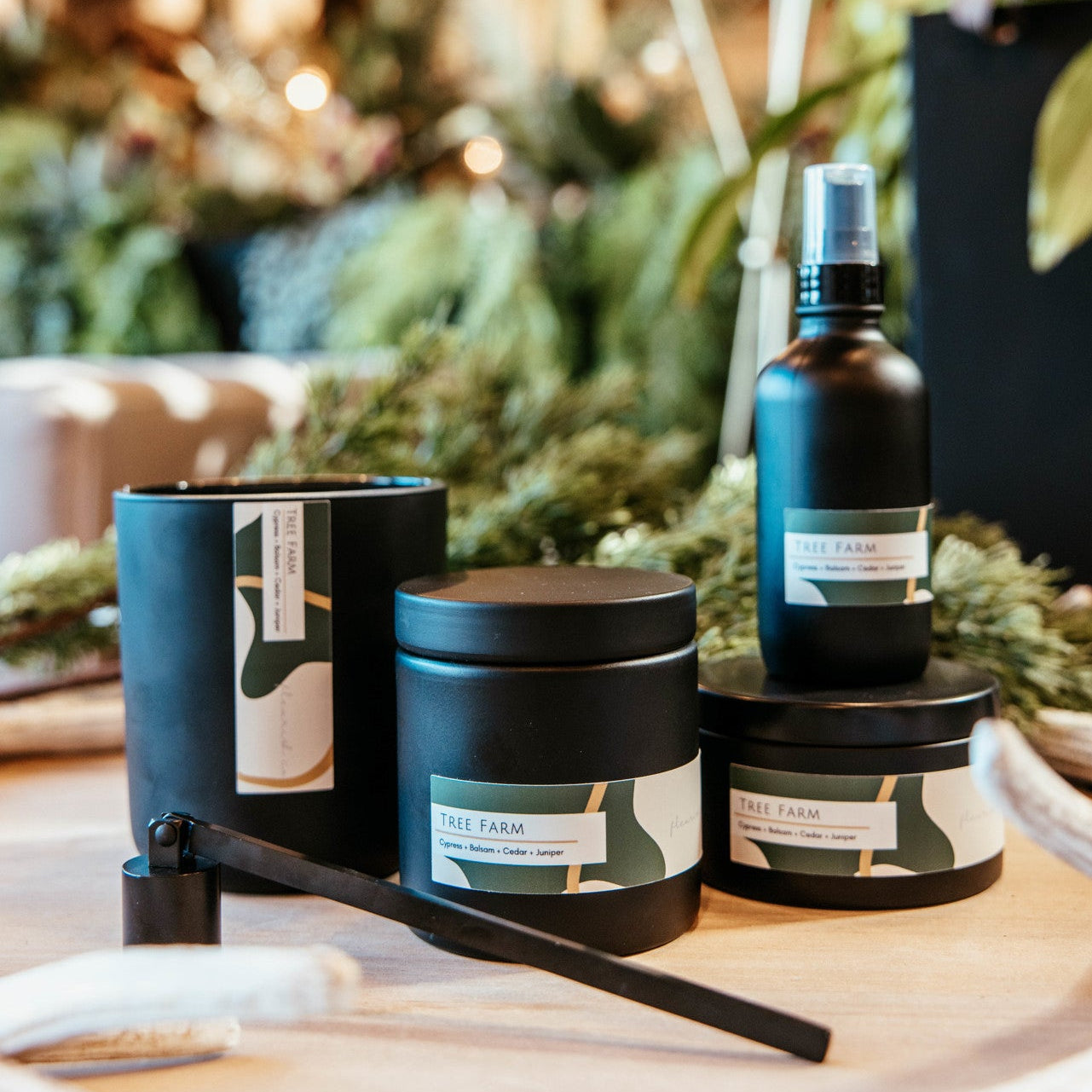 Cosmetic products on a table with a blurred indoor background