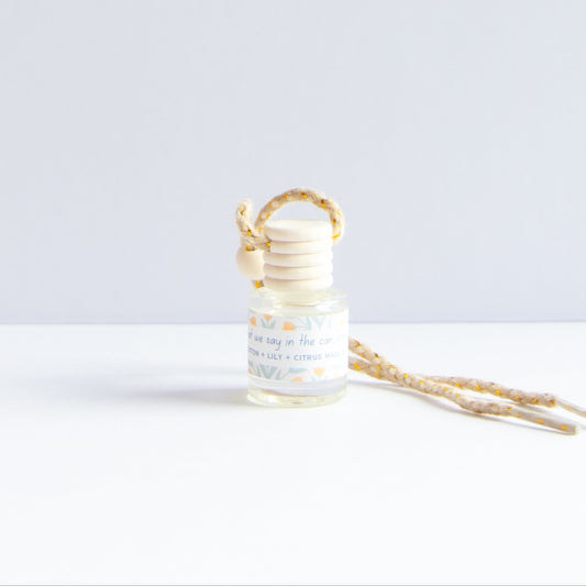 A small glass reed diffuser bottle with a light wood stopper and a matching patterned reed collar, shown on a white surface against a pale gray background. A second reed stem lies beside it.